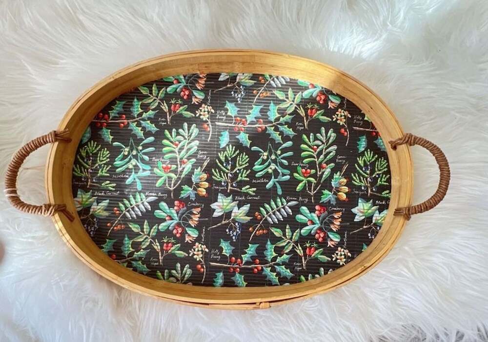 Creative Co-Op Holiday Berry Oval Serving Tray with Handles